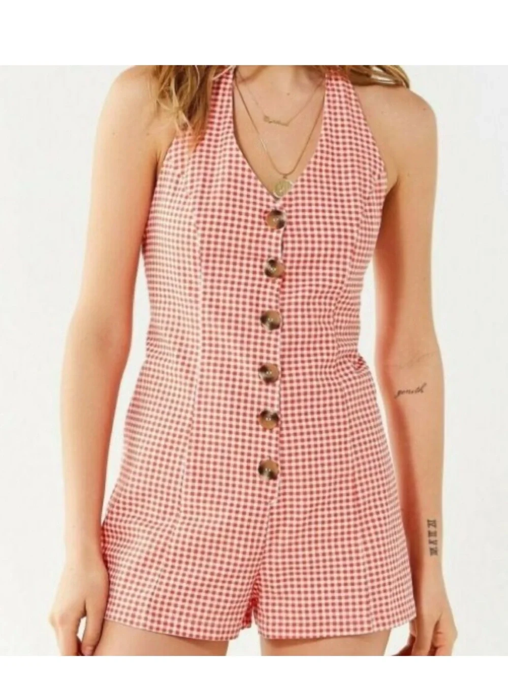 Urban Outfitters Pink Gingham Halter Button Romper - Picture 1 of 3